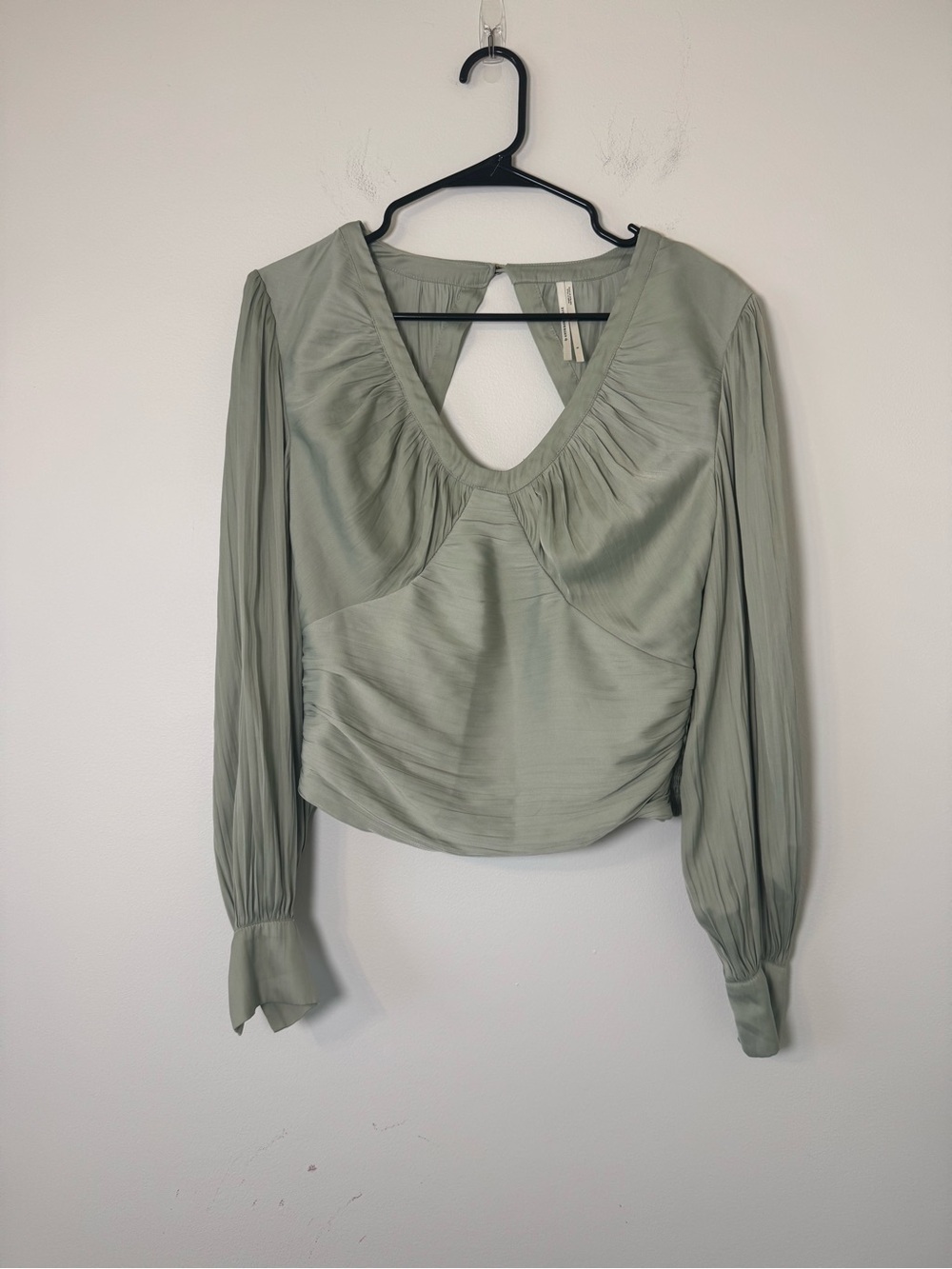 Anthropologie Sage Green Open Back Long Sleeve Blouse Size S